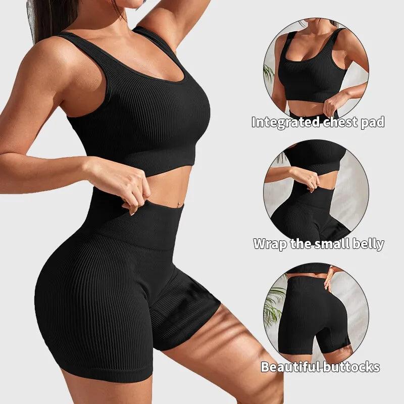 Seamless Ribbed Yoga Sets Workout Sets for Women 2 Pieces Gym Suits Ribbed Crop Tank High Waist Shorts Outfits Fitness Running - Lojas Kalibu