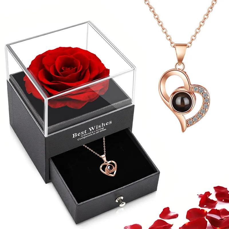 Projection Necklace Set With Rose Gift Box 100 Languages I Love You Heart Pendant Jewelry 2023 Hot Sale Accessories Dropshipping - Lojas Kalibu