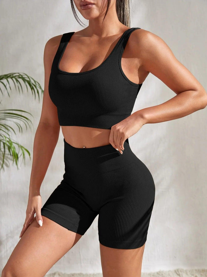 Seamless Ribbed Yoga Sets Workout Sets for Women 2 Pieces Gym Suits Ribbed Crop Tank High Waist Shorts Outfits Fitness Running - Lojas Kalibu